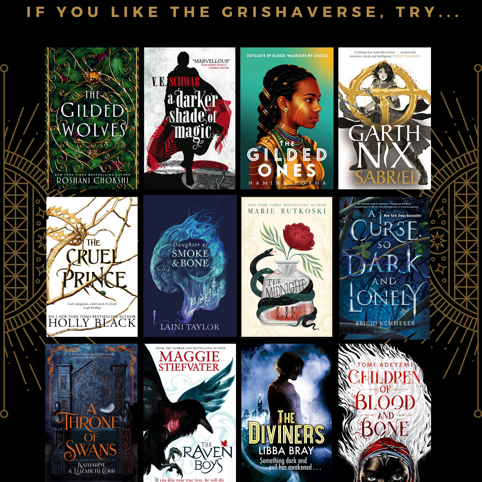 Image is of 15 YA books that may interest fans of Shadow and Bone.